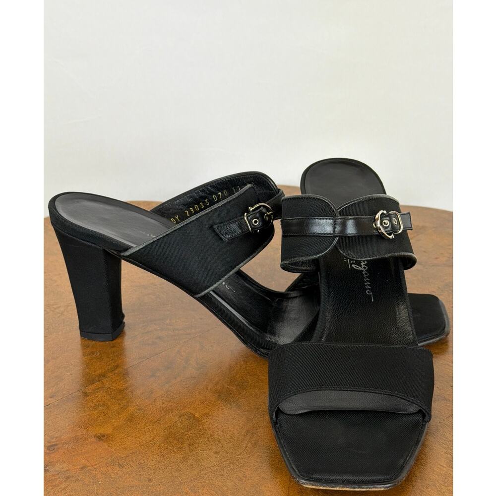 Salvatore Ferragamo Boutique Black Leather Buckle Mules  Size 11 Made in Italy